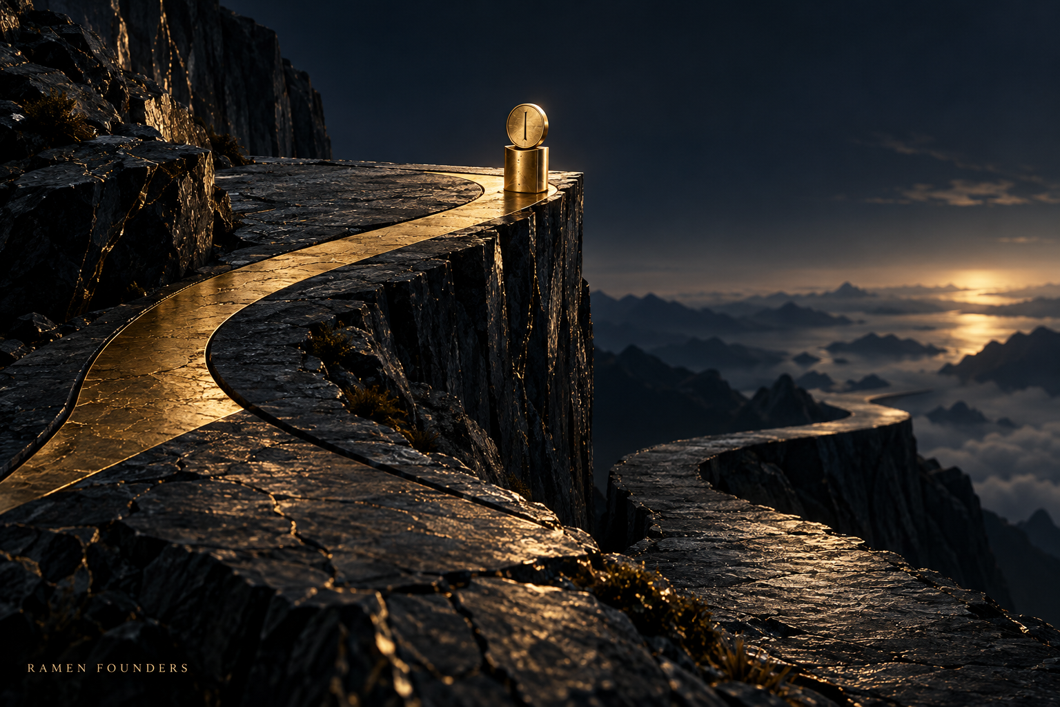 A gold path ends at a boundary in dark stone, an editorial metaphor for pausing to verify before proceeding.